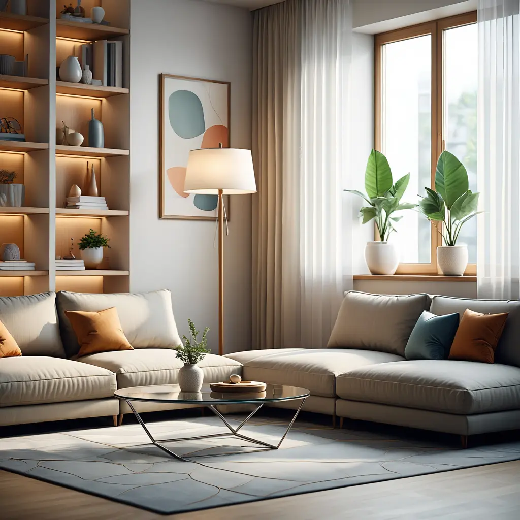 Siististi järjestetty olohuone modernilla sisustuksella