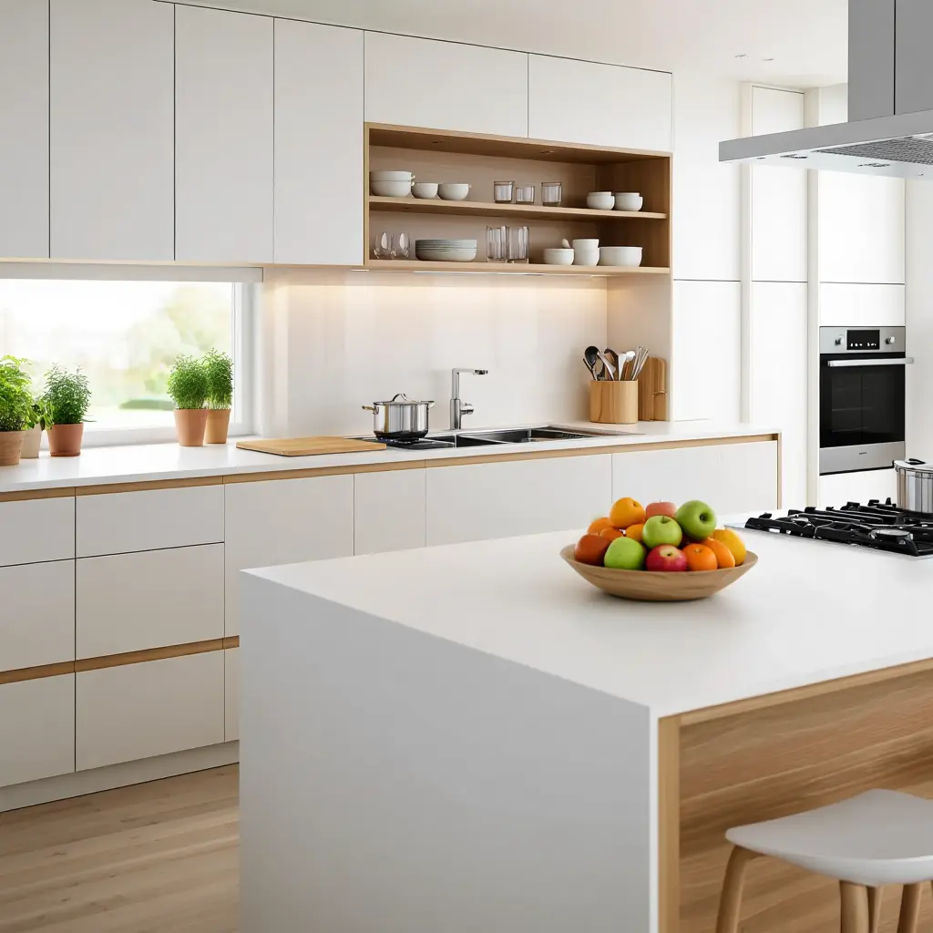 Modernisti järjestetty keittiötila vaaleilla kalusteilla